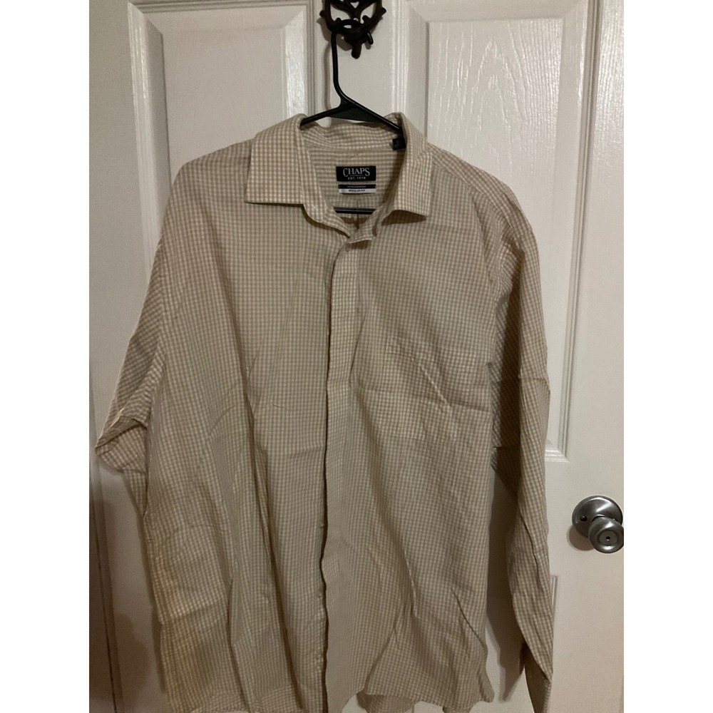 Chaps Mens Tan White Gingham Check Long Sleeve Button Down Shirt Regular Fit